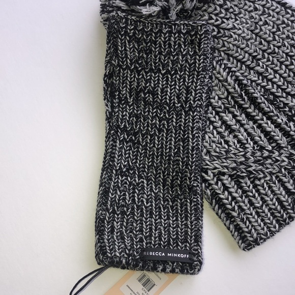 NWT Rebecca Minkoff Pom Knit Hat And Arm Warmer Set OSFM Color Black Marled - Picture 3 of 6